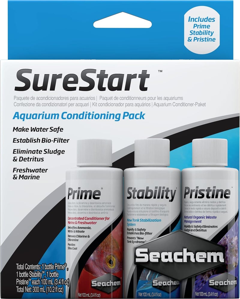 Seachem SureStart- 3 100 مل. عبوة، عبوة تكييف للأكواريوم للمياه العذبة والمالحة. - Image 1